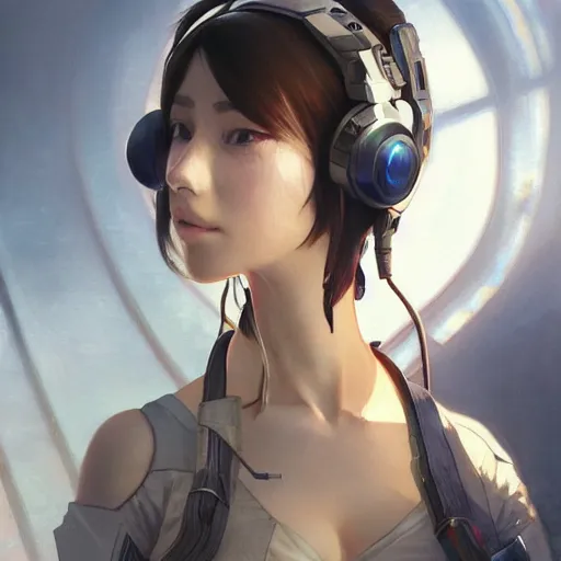 Prompt: cyberpunk girl with headset, with techware, intricate, elegant, highly detailed, digital painting, japanese, unreal engine 5, trending on artstation, concept art, studio ghibli, illustration, art by artgerm and greg rutkowski and alphonse mucha