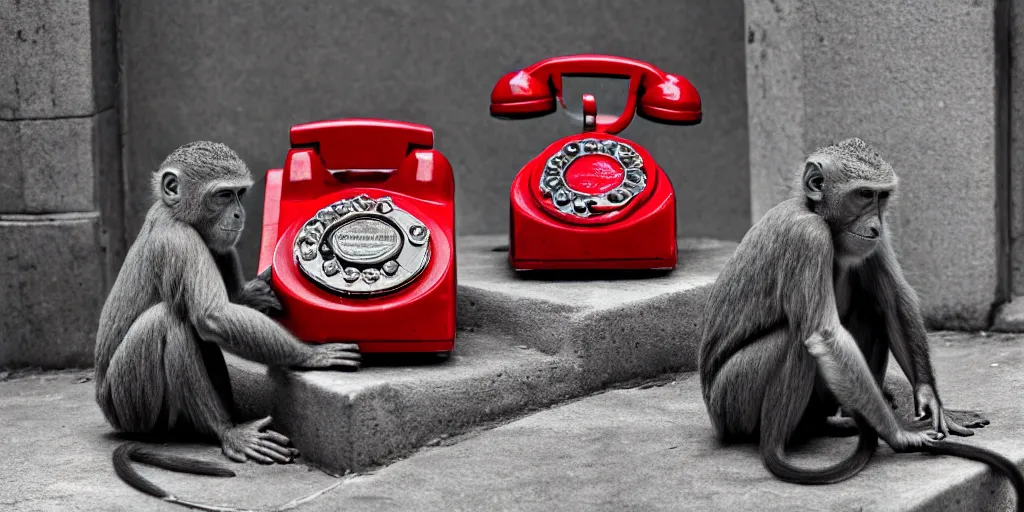 Prompt: a photograph of two monkeys pondering over a vintage red rotary telephone sitting on the sidewalk, detailed render, epic composition, 4 k realistic, cryengine, realistic shaded lighting, sharp focus, masterpiece