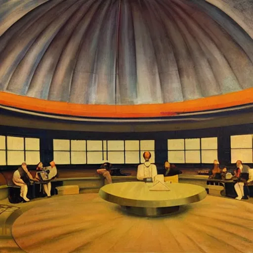 Prompt: scientists testing an experimental quantum plasma reactor in a dome - shaped control center, grant wood, pj crook, edward hopper, oil on canvas