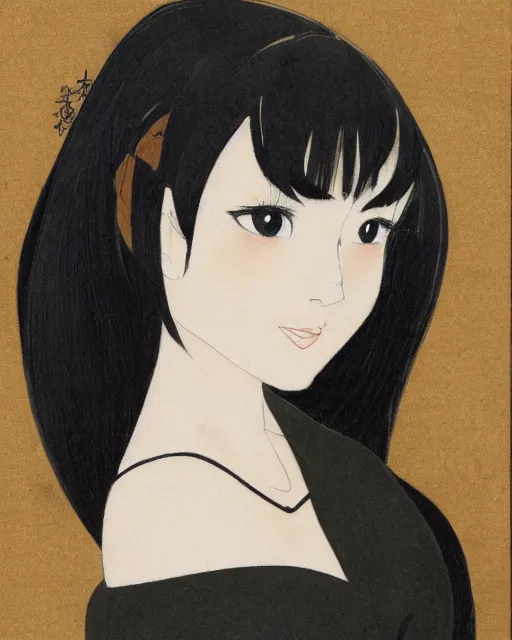 Image similar to a portrait of a young woman with shoulder length black hair, dark eyes, thick eyebrows, slightly chubby, pale skin, pretty, cute, by nakamura asumiko