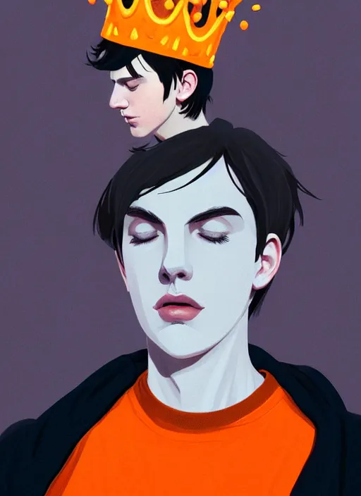 Image similar to portrait of teenage jughead jones wearing a light grey crown, crown, hamburger background, eyes closed, crown, black hair, orange, intricate, elegant, glowing lights, warm lighting, highly detailed, digital painting, artstation, concept art, smooth, sharp focus, illustration, art by wlop, mars ravelo and greg rutkowski