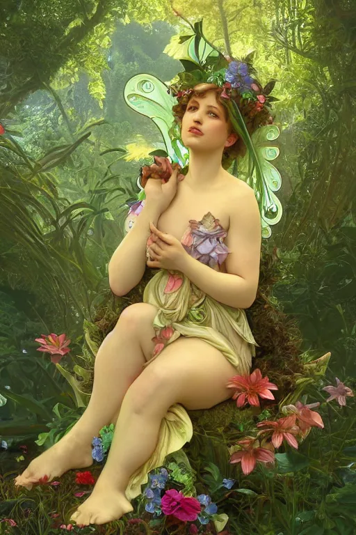 Image similar to Curvaceous fairy goddess sitting on a vivid flower in a lush green forest, Mark Arian, Alphonse Mucha, highly detailed, intricate, dynamic lighting, ambient lighting, octane render, 8k