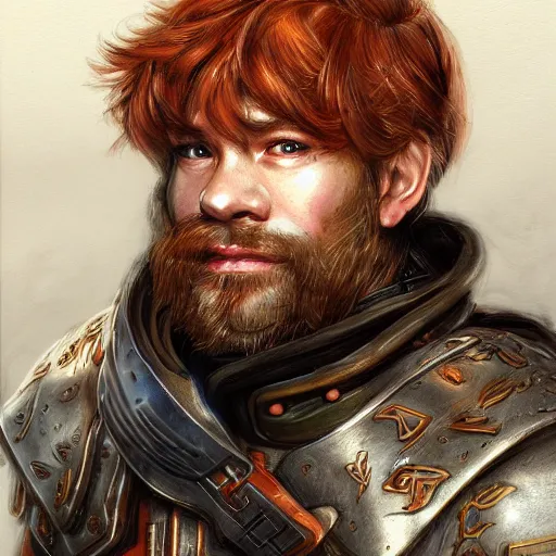 Image similar to portrait of a male dwarf by ayami kojima, he is about 2 0 years old, american, copper hair, strong, friendly, he is wearing a modern tactical gear, scifi, highly detailed portrait, digital painting, artstation, concept art, smooth, sharp foccus ilustration, artstation hq