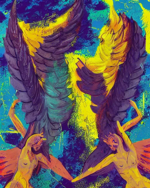 Prompt: two fallen Angels with big wings fighting each other, painting, expressionism, amazing composition, vaporwave, David Hockney, minimalistic graffiti masterpiece, 3d abstract render overlayed, psychedelic therapy, trending on ArtStation, ink splatters, pen lines, incredible detail, creative, unique,
