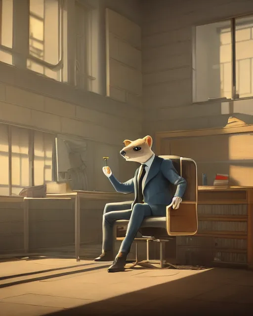 Prompt: artstation scifi scene of a weasel in suits drinking tea ， in a shabby lawyer office, wooden furnitures summer unreal engine 5, hyper realism, realistic shading, cinematic composition, blender render, octane render, hdr, detailed textures, photorealistic, wide shot