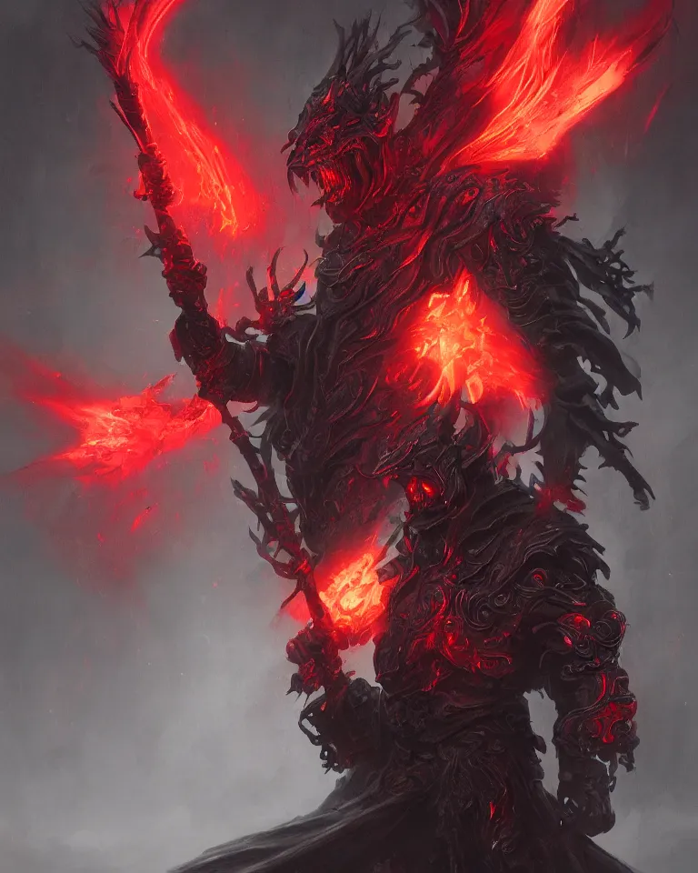 Prompt: portrait of a demonic hell priest holding a staff with red flames, techno - organic armour, black dragon in background, artstation, greg rutkowski, matte painting, 4 k, concept art