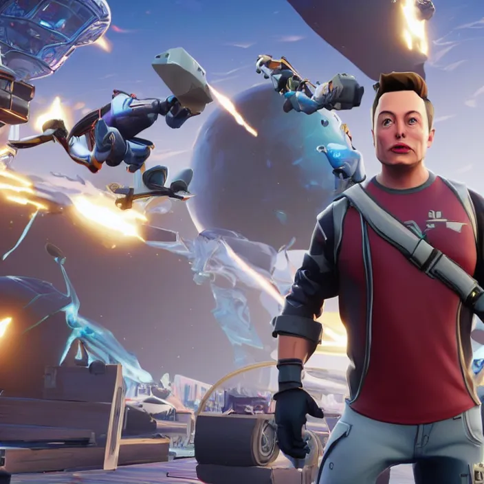 Image similar to a screenshot of elon musk in the video game fortnite. 3 d rendering, unreal engine, amazing likeness, very detailed, cartoon caricature