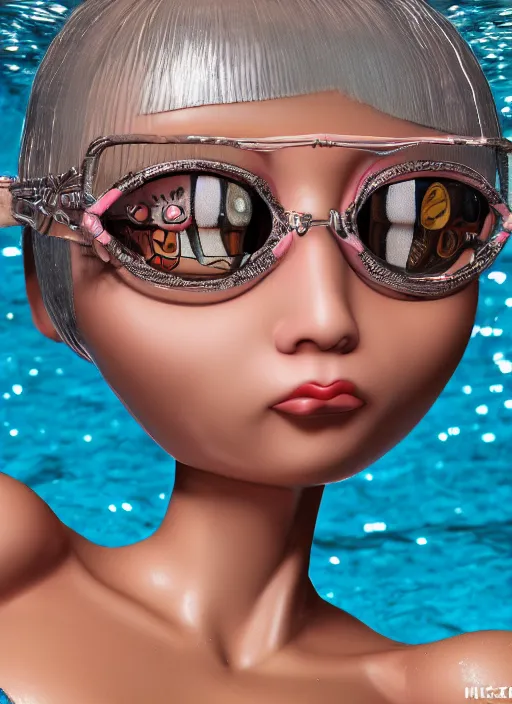Prompt: closeup portrait of tin toy eskomo bikini swim champ girl trap, depth of field, zeiss lens, detailed, symmetrical, centered, fashion photoshoot, by nicoletta ceccoli, mark ryden, lostfish, breathtaking, 8 k resolution, extremely detailed, beautiful, establishing shot, artistic, hyperrealistic, octane render