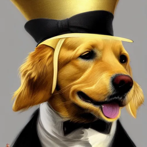 Image similar to close portrait of golden retriever dog, wearing a top hat, wearing a monocle over one eye, smiling, vaporwave, highly detailed, digital painting, artstation, concept art, smooth, sharp focus, illustration, art by artgerm and greg rutkowski and alphonse mucha