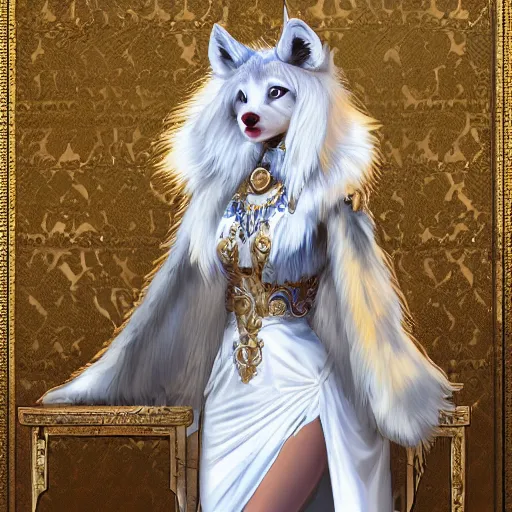 Image similar to commissioned full body furry portrait of a female anthro wolf-headed princess fursona with white hair wearing a white and gold chinese armored dress in a white and gold palace, by Wlop and jerry park, artstation, extremely detailed