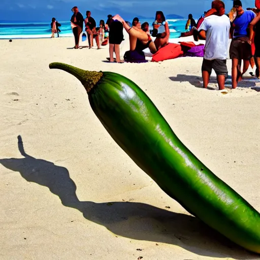 Image similar to huge eggplant sunbathing on the beach among people, photo,