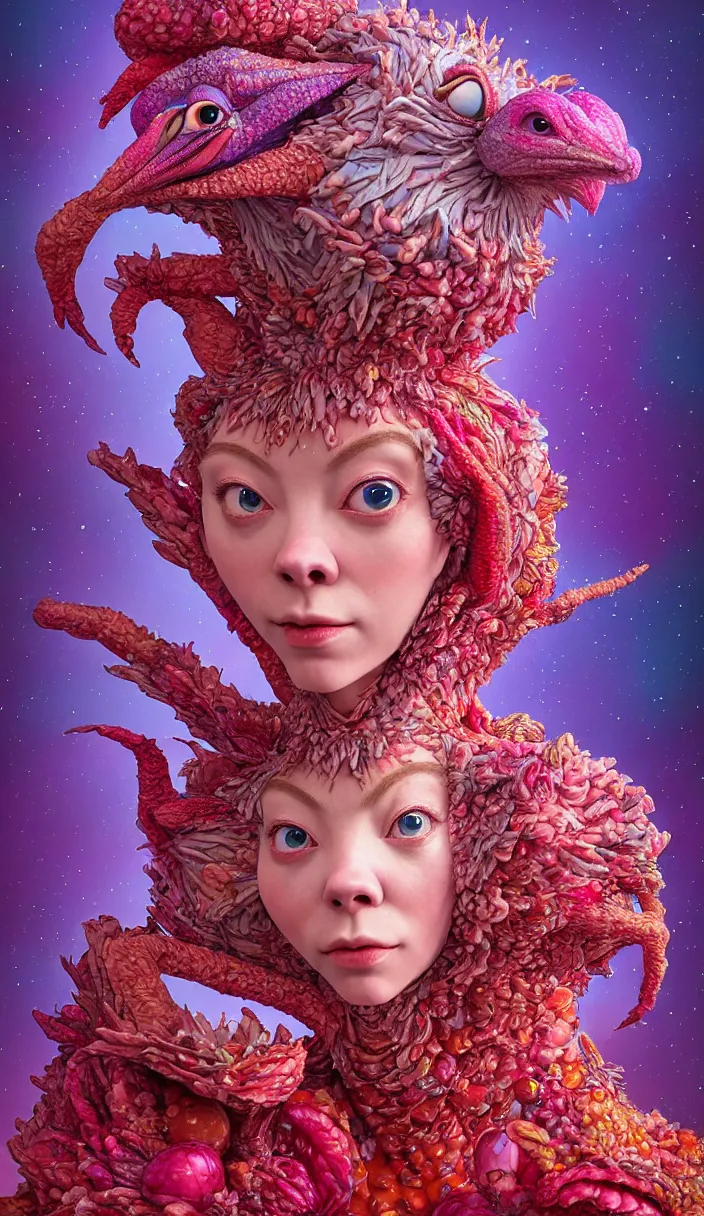 Image similar to hyper detailed 3d render like a Oil painting - kawaii portrait of two Aurora (a beautiful skeksis muppet fae queen from dark crystal that looks like Anya Taylor-Joy) seen red carpet photoshoot in UVIVF posing in scaly dress to Eat of the Strangling network of yellowcake aerochrome and milky Fruit and His delicate Hands hold of gossamer polyp blossoms bring iridescent fungal flowers whose spores black the foolish stars by Jacek Yerka, Ilya Kuvshinov, Mariusz Lewandowski, Houdini algorithmic generative render, Abstract brush strokes, Masterpiece, Edward Hopper and James Gilleard, Zdzislaw Beksinski, Mark Ryden, Wolfgang Lettl, hints of Yayoi Kasuma and Dr. Seuss, octane render, 8k