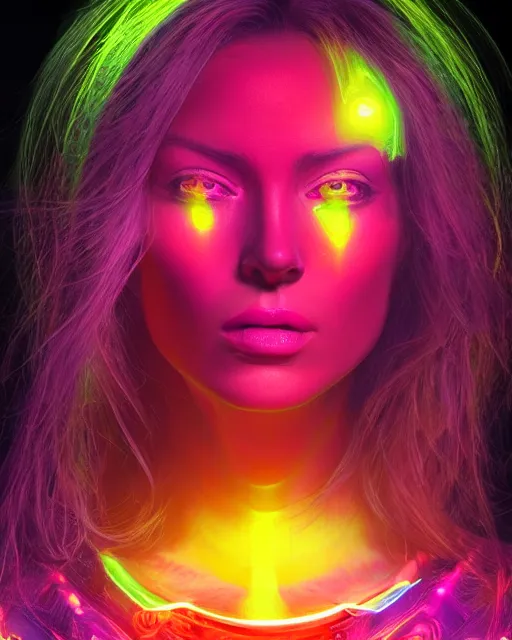 Image similar to a powerful energy psychedelic neon woman, by alexander fedosav, hyper detailed digital matte painting, concept art, hyperrealism, 1 6 k resolution, cinema 4 d, 8 k resolution, trending on artstation, behance hd, a masterpiece, by stephan martiniere, particles, cel - shaded, power bright neon energy, by david a. hardy,