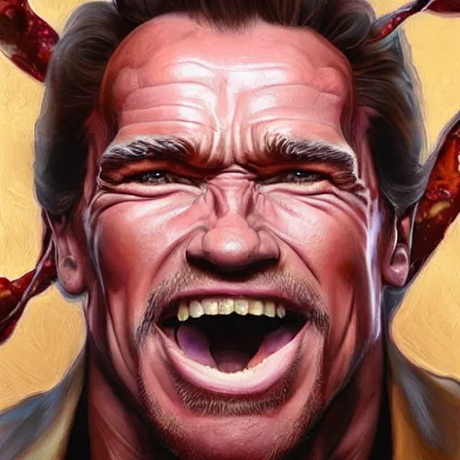 Image similar to portrait of arnold schwarzenegger opening his mouth to eat pizza, highly detailed, digital painting, artstation, concept art, sharp focus, illustration, art by artgerm and greg rutkowski and alphonse mucha