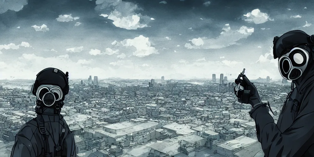 Prompt: A Guy with gas mask on top of a car looking at the city in the distance horizon, Digital art, Anime Style, Cinematic, Stalker Style, Post apocalypse