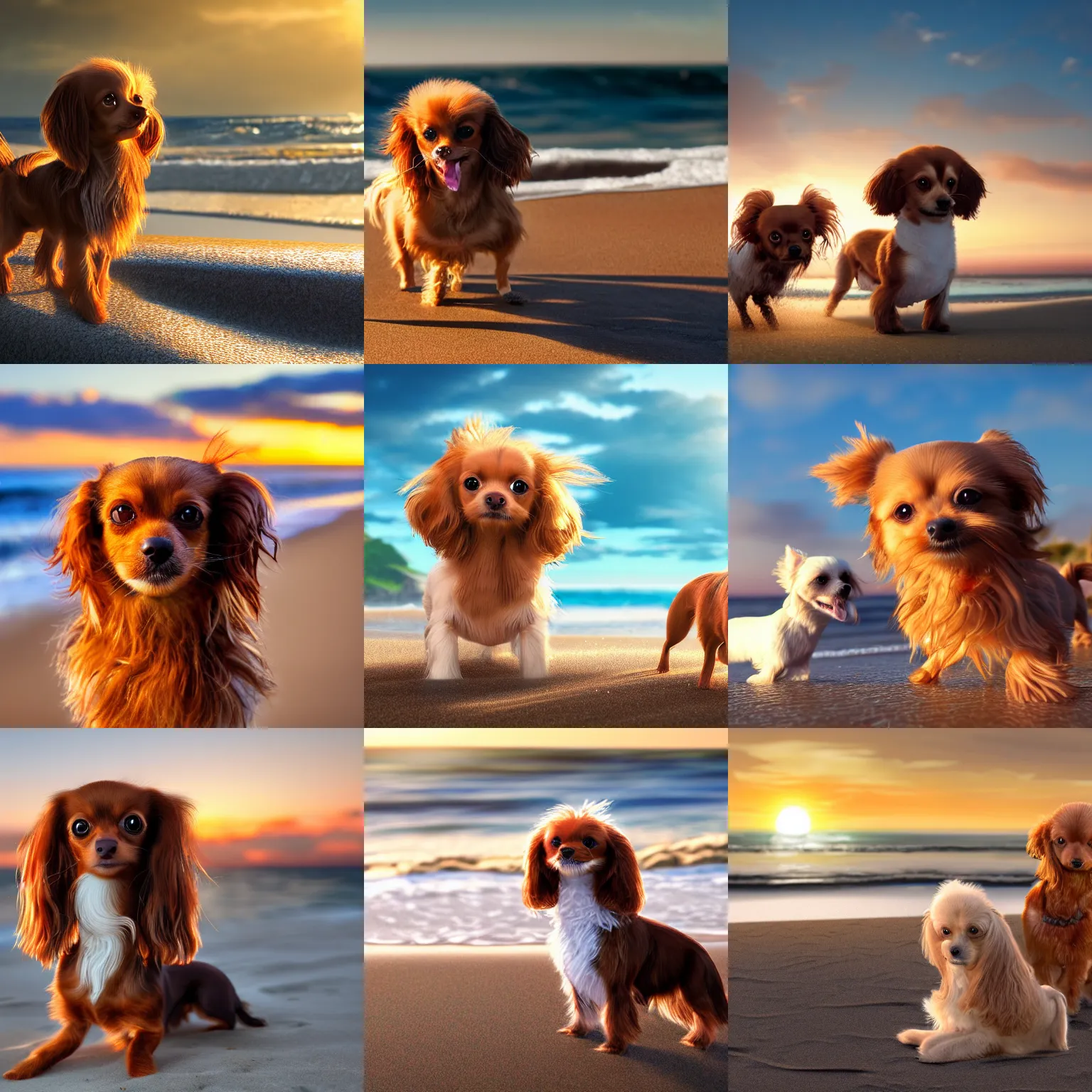 Prompt: a photorealistic closeup image of a cute brown colored long haired chihuahua cocker spaniel dog in addition to a smiling white bichon frise puppy playing on the beach. sunset, surf, brightly lit scene. fine detail. nice composition. 4 k hd unreal engine