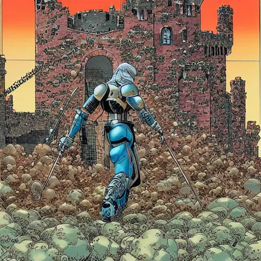 Prompt: hyperdetailed manga cover of a cyborg knight approaching an ominous castle by geof darrow and moebius