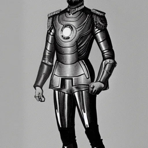 Image similar to tsar nicholas ii as iron man, historical photograph, highly detailed, full length portrait, photorealistic face, hd