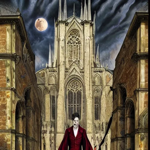 Image similar to Hyperrealistic Count Dracula playing a Gibson electric guitar in front of a gothic cathedral, by Antonio Caparo, Ferdinand Knab, Greg Rutkowski, Amano, and Karol Bak UHD, vivid colors, photorealistic trending on artstation