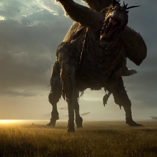 Prompt: enormous creature towering over the plains, volumetric lighting, 8 k octane beautifully detailed render, post - processing, extremely hyper - detailed, intricate, epic composition, cinematic lighting, masterpiece, trending on artstation, detailed detailed detailed, masterpiece, stunning art by anders zorn, wonderful masterpiece by greg rutkowski, beautiful cinematic light,