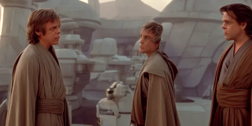Prompt: A full color still of clean shaven Mark Hamill as Jedi Master Luke Skywalker talking with a a young black padawan, there are large windows showing a sci-fi city outside, at dusk, at golden hour, from The Phantom Menace, directed by Steven Spielberg, 1999