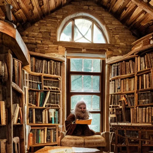 Prompt: a wizard reading a tome in a comfy rustic enchanted library