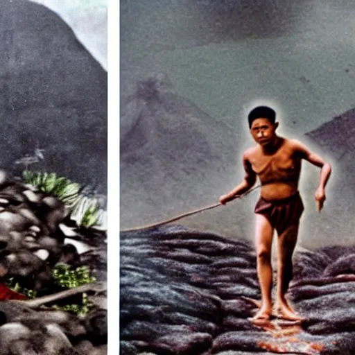 Image similar to historical picture of japanese soldier swimming on indonesian lava mountain, in hd picture, and photorealism, with detail image and description