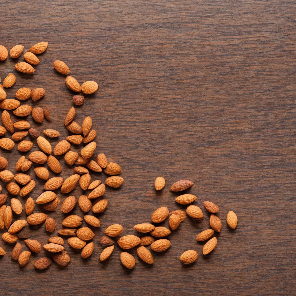 Prompt: top-down view with almonds top of a wooden table, wallpaper, 4k, photorealistic