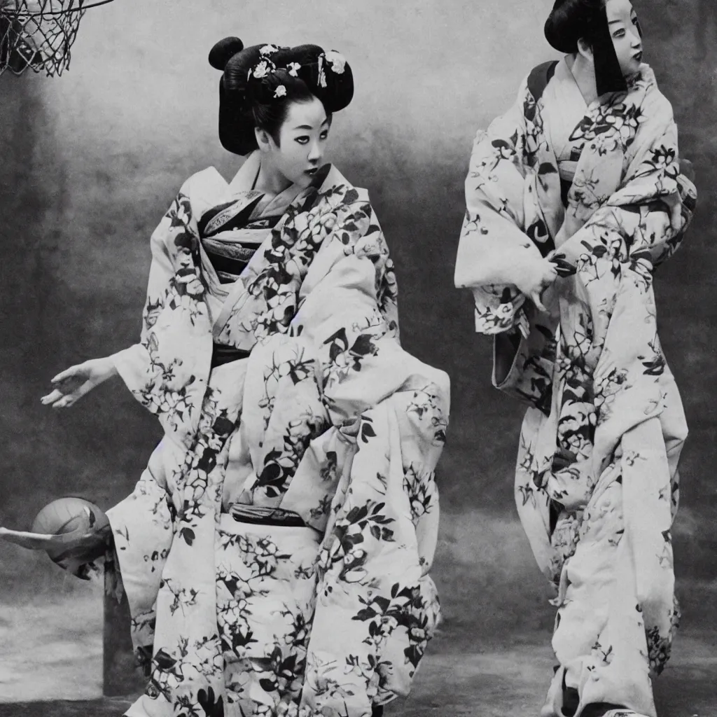 Prompt: Photo of geisha wearing kimono and playing basketball