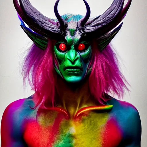 Prompt: a demon inspired by a rainbow created by the make up artist hungry, photographed by andrew thomas huang, cinematic, expensive visual effects