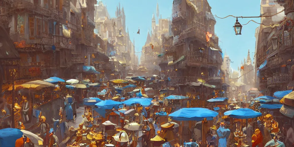 Image similar to a busy fantasy street day market from within a fascinating old city, water streets with gold and blue accented boats by sylvain sarrailh, by sebastian luca, by nicodemus yang - mattisson, cinematic, simple but effective composition, clean lines, beautiful digital painting, oil painting, dungeons and dragons, lord of the rings