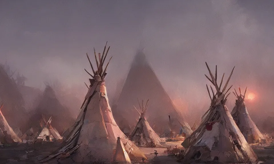 Prompt: A native american teepee city, a city full of gigantic teepees, designed by Greg Rutkowski. Trending on Artstation