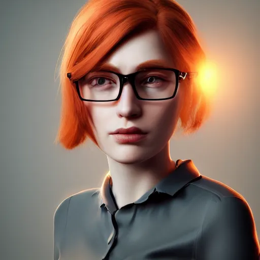 Prompt: dramatic portrait of a short beautiful ginger woman with glasses, realism, 4k, illustration, dynamic lighting, detailed textures, octane render, artstation