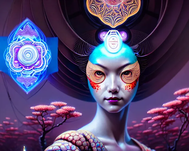 Image similar to a headshot of a geisha offset in the frame, surrounded by fractals, mandalas, cherry blossoms, hadron collider technology, metal gears, swirling bioluminescent energy, art by peter mohrbacher and dan mumford, 8 k octane render, hyperrealistic, zbrush, cinema 4 d