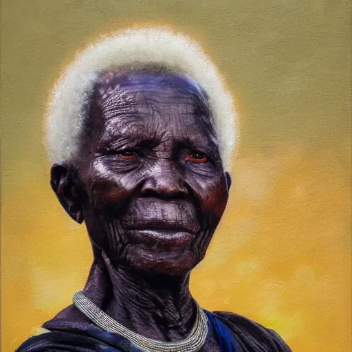 Image similar to a painting of a wise elder from Kenya by Lynette Yiadom-Boakye . dramatic angle, ethereal lights, details, smooth, sharp focus, illustration, realistic, cinematic, artstation, award winning, rgb , unreal engine, octane render, cinematic light, macro, depth of field, blur, red light and clouds from the back, highly detailed epic cinematic concept art CG render made in Maya, Blender and Photoshop, octane render, excellent composition, dynamic dramatic cinematic lighting, aesthetic, very inspirational, arthouse.