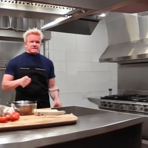 Image similar to hyper real Gordon Ramsey cooking a unicorn in kitchen 4k