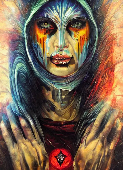 Image similar to tripping magic cult psychic woman, painted face, third eye, energetic consciousness psychedelic, epic surrealism expressionism symbolism, story telling, iconic, dark robed, oil painting, symmetrical face, dark myth mythos, by sandra chevrier, bruce pennington, masterpiece