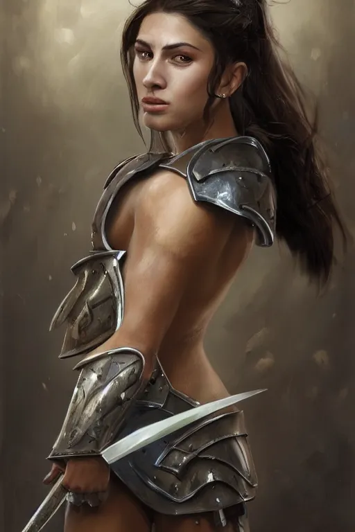 Image similar to a photorealistically painted portrait of an attractive young female, partially clothed in battle armor, with an abstractly painted background, flawless olive skin, fair complexion, long dark hair, beautiful bone structure, perfectly symmetric facial features, perfect photorealistic eyes, natural physique, intricate, elegant, digital painting, concept art, finely detailed, beautifully illustrated, sharp focus, minimal artifacts, volumetric lighting, from Metal Gear, by Ruan Jia and Mandy Jurgens and Artgerm and William-Adolphe Bouguerea, in the style of Greg Rutkowski, trending on Artstation, award winning art