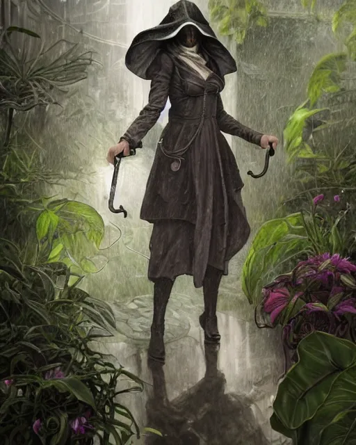 Image similar to portrait of a female plague doctor in a botanical greenhouse, heavy rain outside, wind, thunder, reflections, deep focus, d & d, fantasy, intricate, elegant, highly detailed, digital painting, artstation, concept art, matte, sharp focus, illustration, hearthstone, art by artgerm and greg rutkowski and alphonse mucha