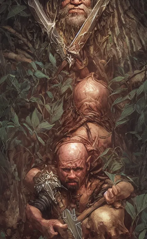 Image similar to last dwarf suvivor is decapitated by elven of forest with dagger, front game card, drark, marvel comics, dark, intricate, highly detailed, smooth, artstation, digital illustration by ruan jia and mandy jurgens and artgerm and wayne barlowe and greg rutkowski and zdislav beksinski