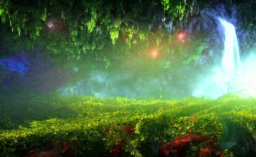 Image similar to a beautiful and stunning professional digital photo of a humongous crystal cave, vines, haze, waterfall, volumetric lighting, hyperrealistic, red, yellow, green, blue, sunset, unreal engine 5, ultra detail