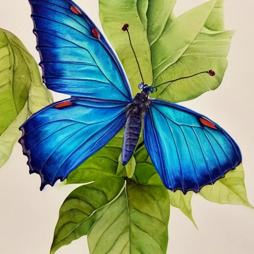 Prompt: A realistic watercolour painting of a blue morpho, fine detail, washed out background