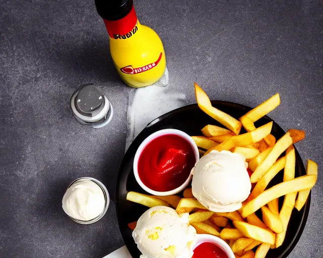 Image similar to dslr food photograph of vanilla ice cream with ketchup on, a leaf on the ice cream, french fries on the side, a bottle of ketchup, bokeh, 8 5 mm f 1. 4