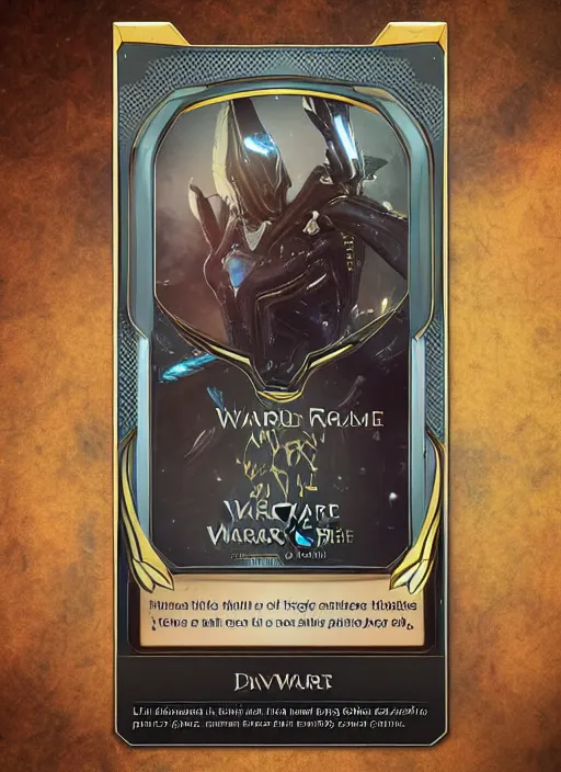 Prompt: warframe with trading card design and ornate border frame, art station, full card design