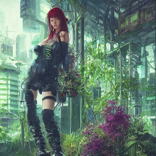 Image similar to the cyberpunk princess overgrown by plants. this oil painting by the award - winning mangaka has interesting color contrasts, plenty of details and impeccable lighting.