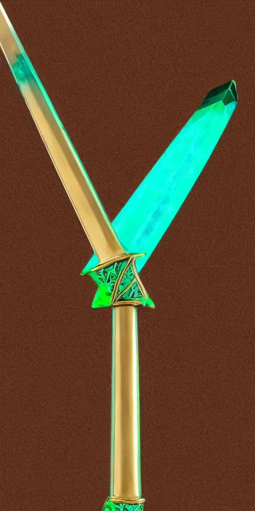 Image similar to photograph of a wide green and teal crystal sword with a big gold sword hilt