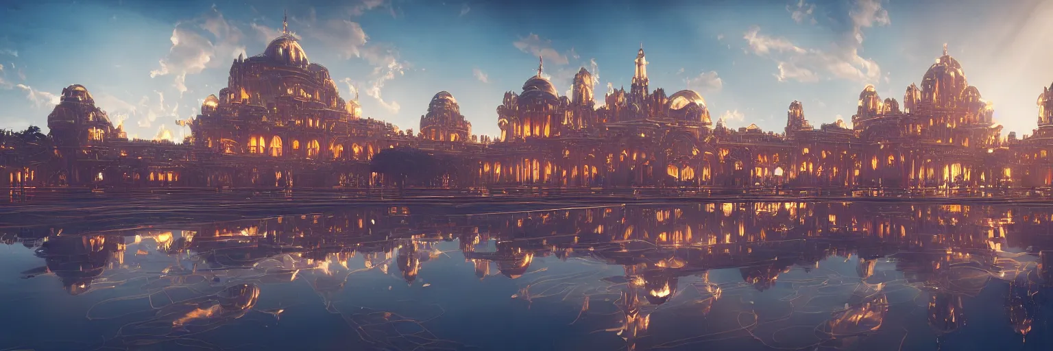 Prompt: beautiful picture of naboo with reflective sleek architecture, steampunk, ultra detailed, neon signs, elegant, trending on artstation, dramatic lighting, light rays and shadows, octane render directed by stanley kubrick