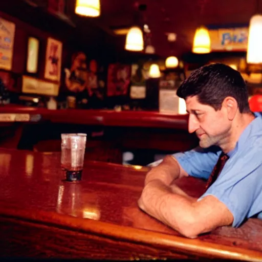 Prompt: Former House Speaker Paul Ryan alone at a dive bar. CineStill