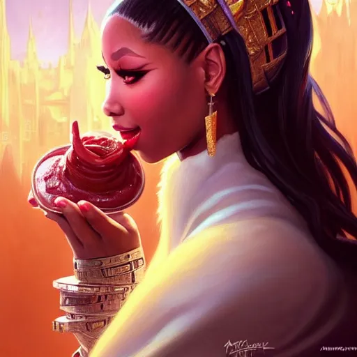 Image similar to Nicki Minaj eating big macs, dripping BBQ Sauce, serving happy meals, D&D, spilling ketchup, fantasy, intricate, elegant, highly detailed, digital painting, artstation, concept art, matte, sharp focus, illustration, hearthstone, art by Artgerm and Greg Rutkowski and Alphonse Mucha