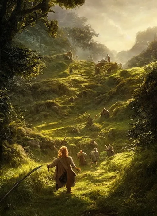 Prompt: hobbits in the shire scenery landscape, lord of the rings, highly detailed, perfect lighting, perfect composition, 4 k, artgerm, derek zabrocki, greg rutkowski